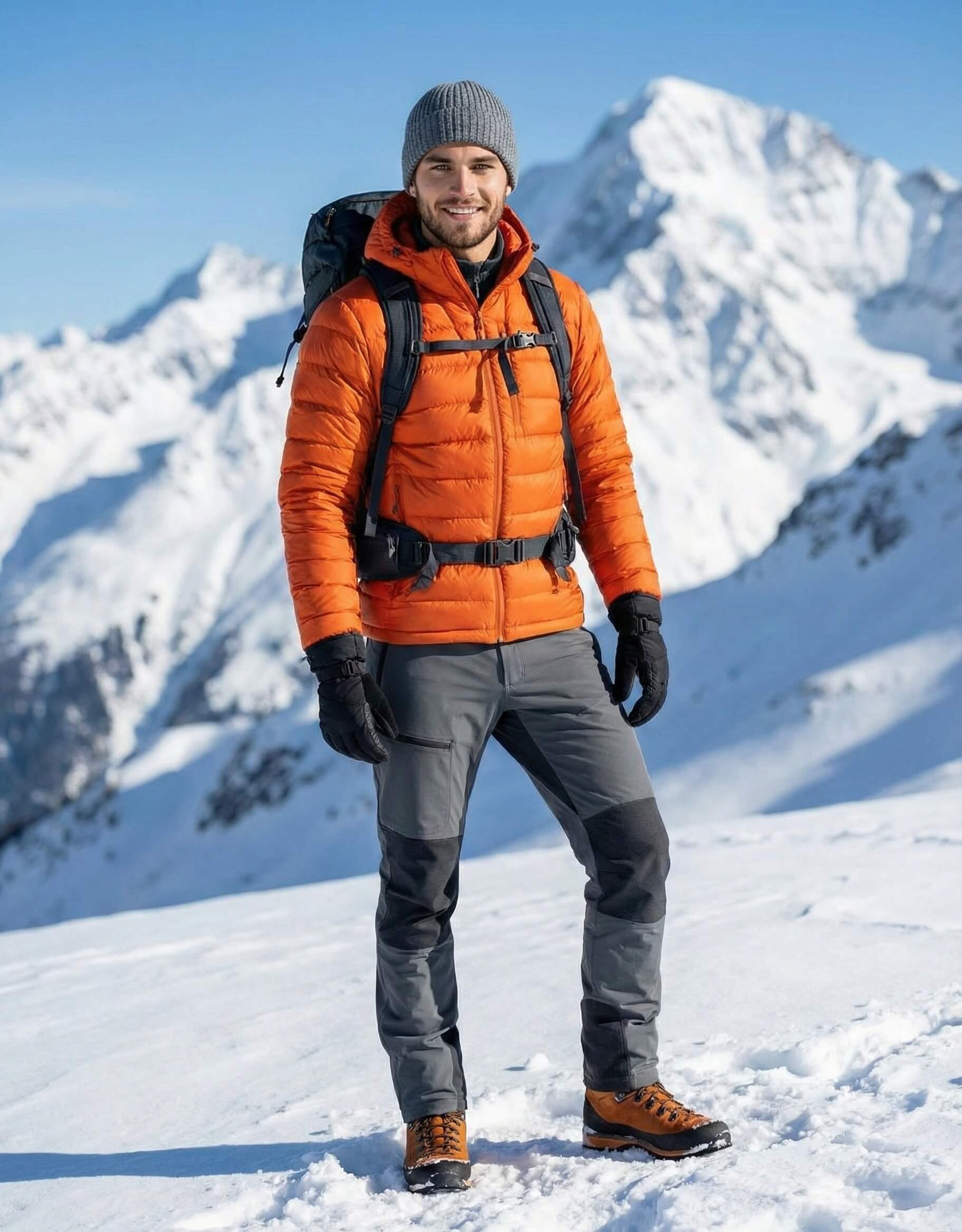 Gemini AI Generated Image: A full-body shot of a smiling man standing in a snowy mountain landscape. He is wearing a bright orange puffer jacket, a grey beanie, hiking pants with reinforced knees, black gloves, and brown boots, while carrying a backpack.