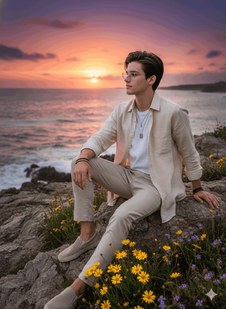Gemini AI Generated Image: A young man with dark hair and glasses sits on a rocky cliff overlooking the ocean at sunset. He is wearing a casual outfit consisting of a light beige button-down shirt over a white t-shirt, beige trousers, and slip-on shoes. He gazes off to the side against a backdrop of a vibrant sky filled with orange, pink, and purple hues, while small yellow and purple wildflowers grow among the rocks in the foreground.