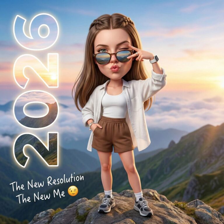 Gemini AI Generated Image: A stylized 3D digital illustration of a young woman with an oversized head (caricature style) standing atop a rocky mountain peak at sunrise. She has long brown hair with small braids, wears sunglasses, a white open shirt over a tank top, and brown shorts. She is making a peace sign and a kissing face toward the camera. To the left, the year "2026" is displayed in large, glowing, translucent vertical numbers that reveal the mountain landscape within them. At the bottom left, the handwritten text reads, "The New Resolution, The New Me 😉". The background features a soft, golden sunrise over a sea of clouds and rolling mountain ranges.