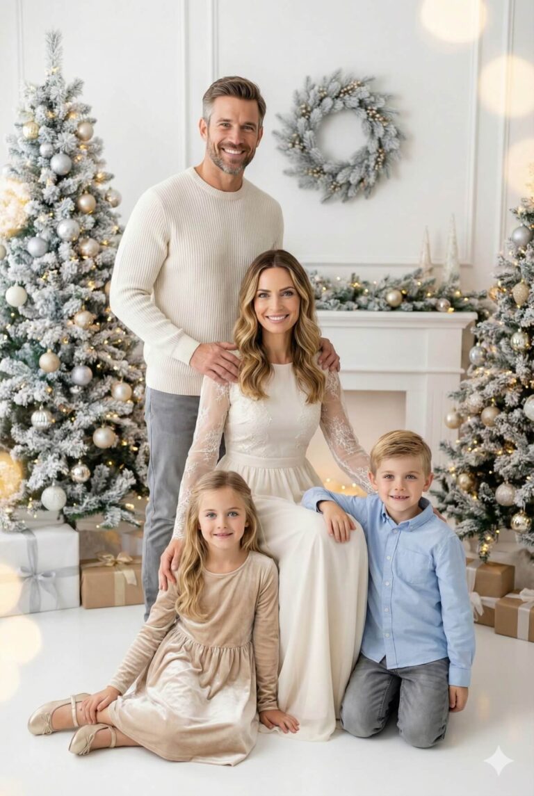 Gemini AI Generated Image: a cheerful family of four posing for a festive holiday portrait. The father stands behind the seated mother, resting his hands on her shoulders, while a young daughter and son sit on the floor in front of them. They are dressed in coordinated outfits featuring shades of white, cream, beige, and light blue. The setting is bright and elegant, flanked by two flocked Christmas trees decorated with silver and gold ornaments, creating a warm, celebratory atmosphere.