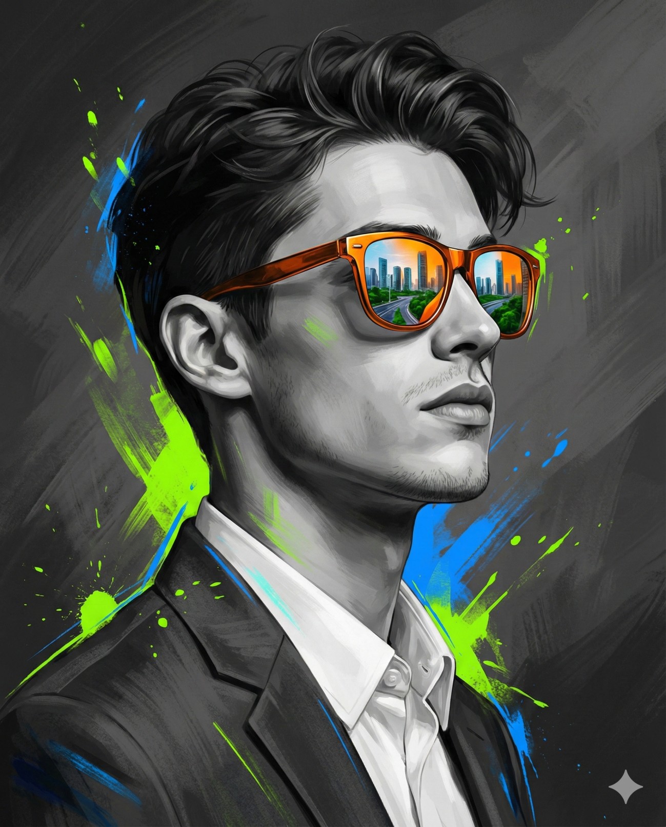 Gemini AI Generated Grayscale art of a suited man with neon splashes; his orange sunglasses reflect a cityscape.