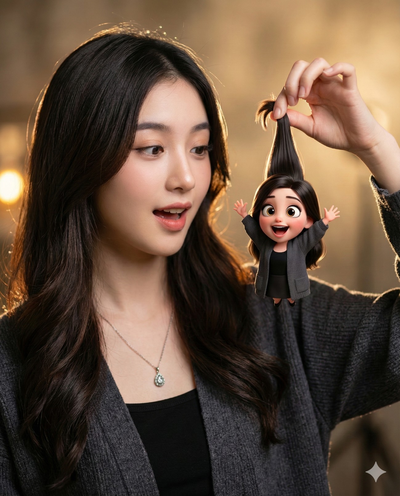 Gemini AI Generated Image of a young woman amusingly holds a tiny, smiling 3D cartoon version of herself by the hair.