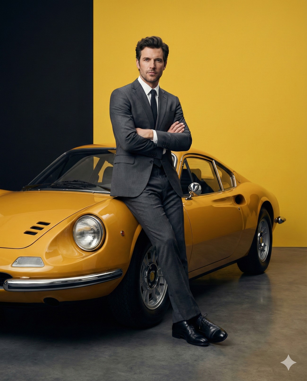 Gemini AI Generated Image of A stylish man in a sharp grey suit leans against a vintage yellow sports car set against a bold, split black-and-yellow background.