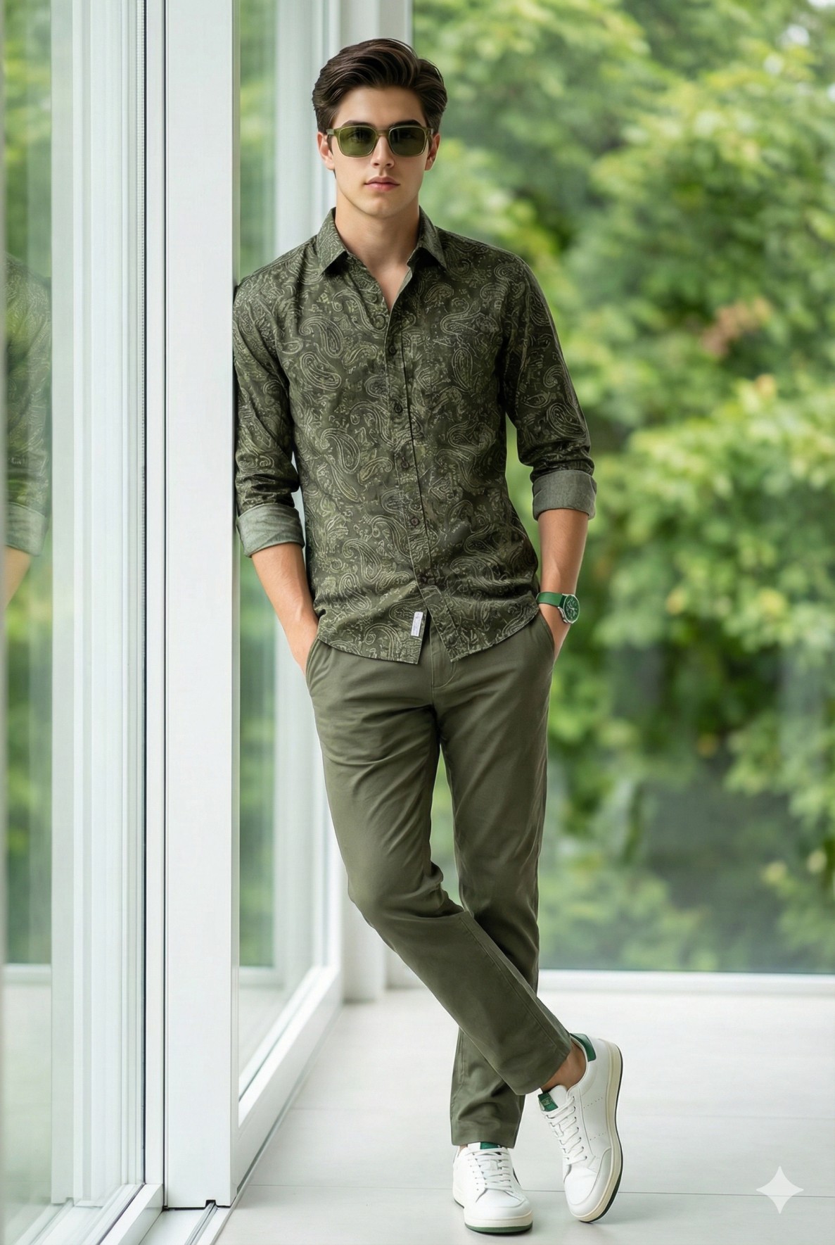 Gemini AI Generated Image of a stylish man in an olive paisley shirt and chinos leans against a glass wall, wearing sunglasses and sneakers.