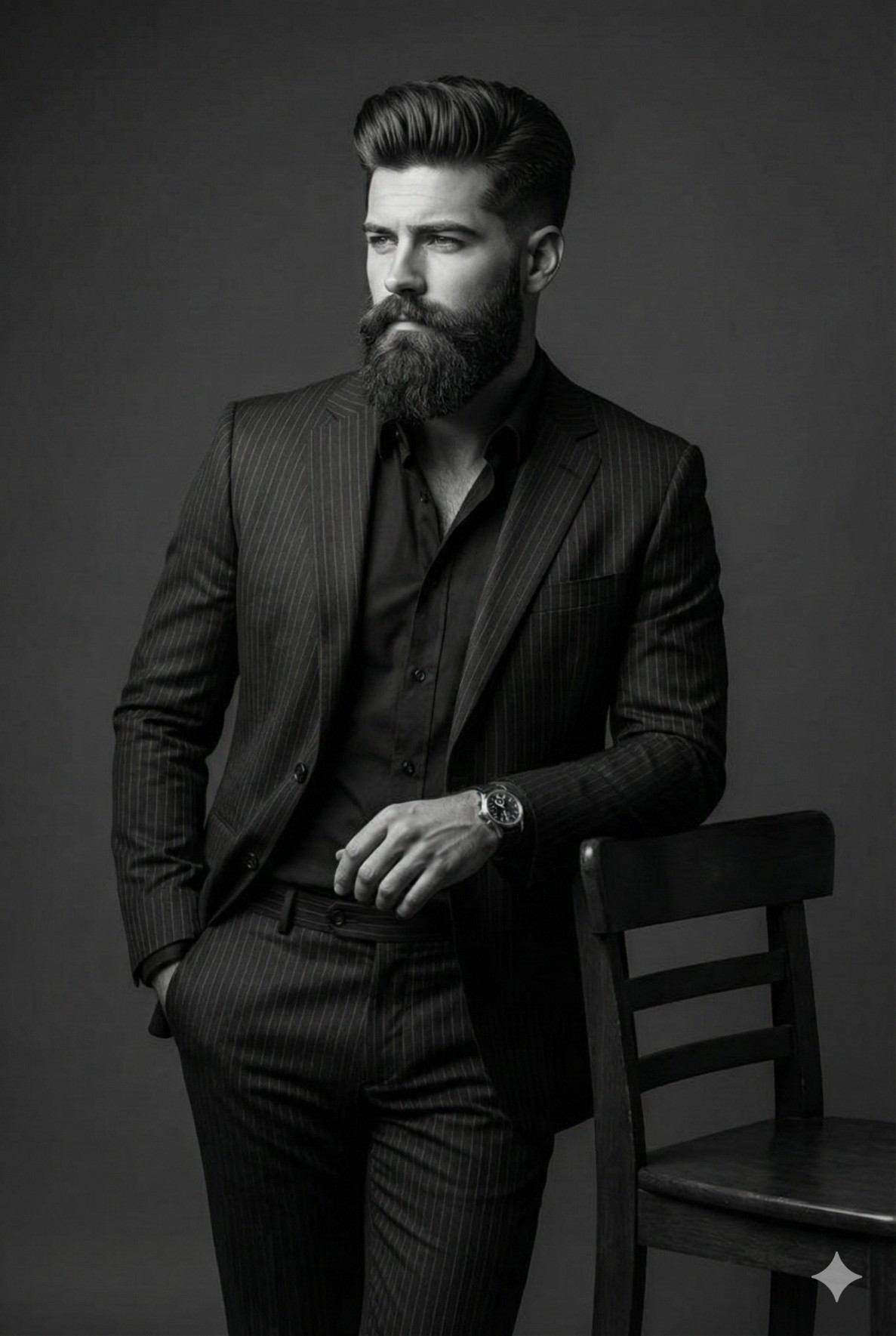 Gemini AI Generated Image: A stylish black and white portrait of a bearded man in a pinstripe suit leaning on a chair.