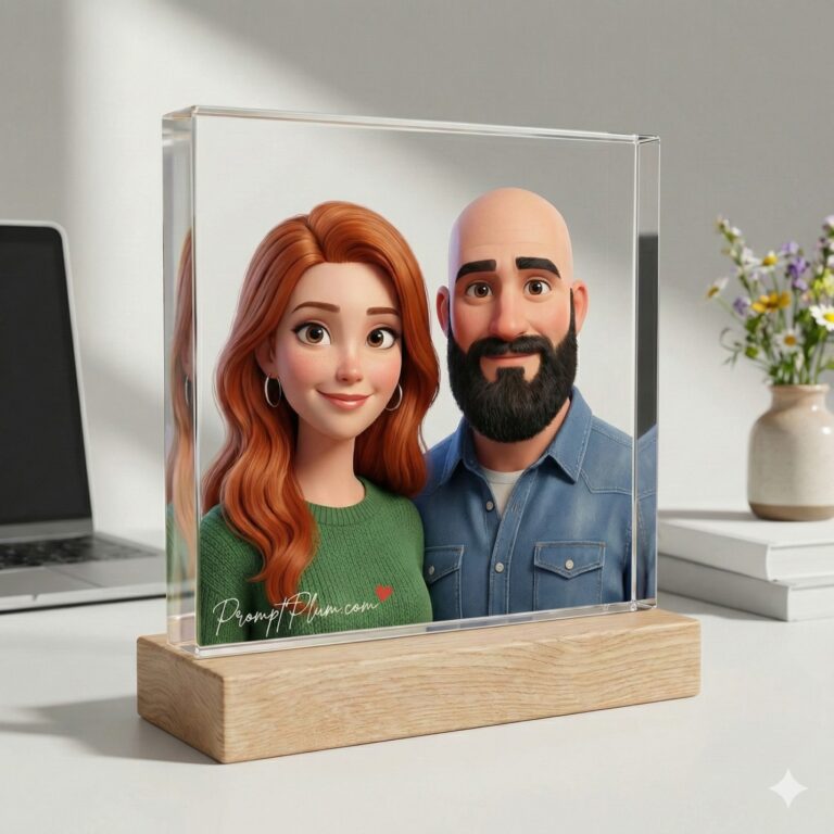 Gemini AI Generated Image of A 3D-animated couple in an acrylic frame on a wooden base, featuring a "PromptPlum.com" watermark.