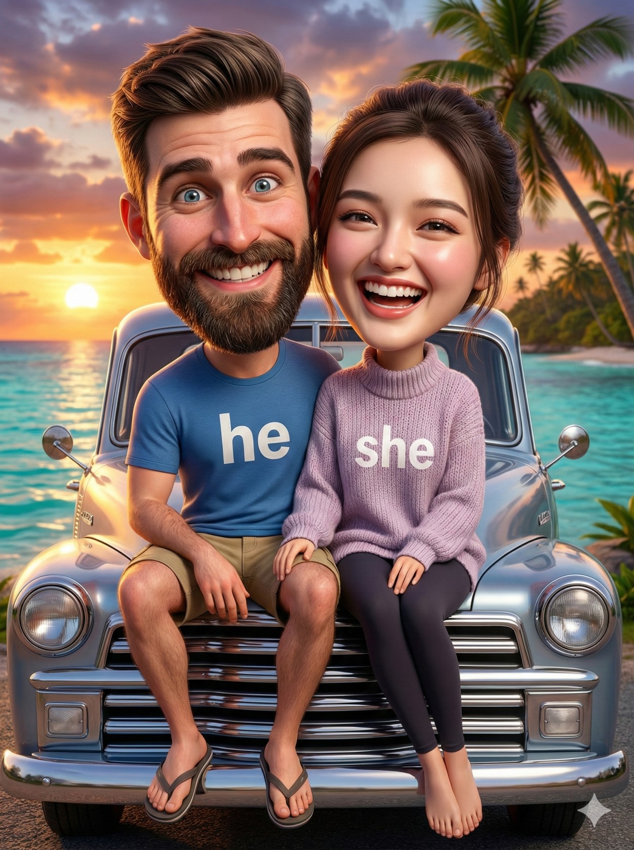 Gemini AI Generated Image of A 3D caricature of a smiling couple with big heads sitting on a car hood at a beach sunset.