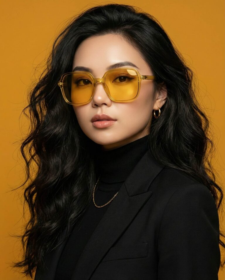 Gemini Generated Image: A stylish woman with long, dark, wavy hair wears a black turtleneck and blazer against an orange background. She is wearing large, square yellow-tinted sunglasses and a delicate gold chain.