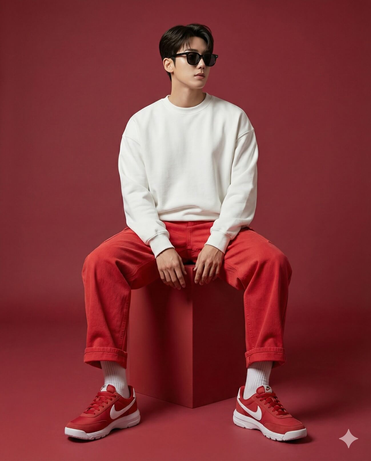 Gemini AI Generated Image: A fashion portrait of a young man sitting on a red cube against a matching solid red background. He is wearing a white crewneck sweatshirt, red cuffed trousers, white socks, red sneakers with a white swoosh logo, and black sunglasses.