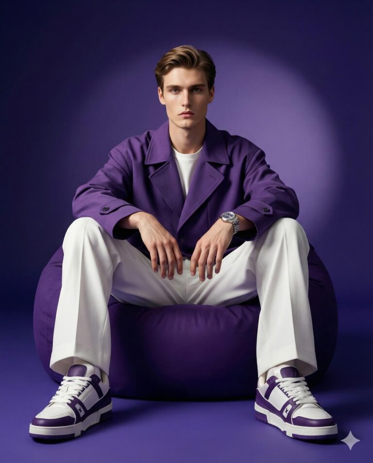 Gemini AI Generated Image: A young man sitting on a purple beanbag chair, wearing a purple jacket over a white t-shirt, white trousers, and matching purple and white sneakers, posed against a purple studio background.