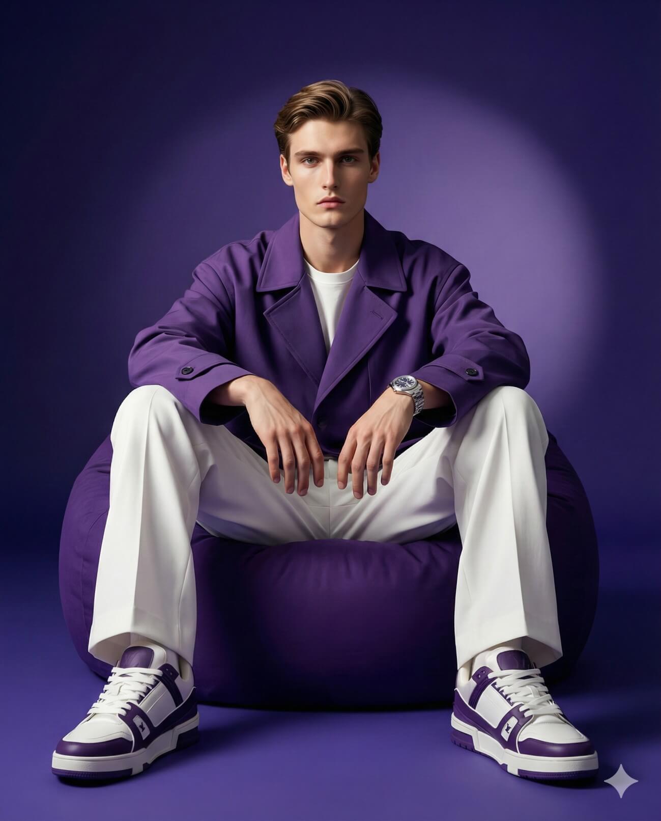 Gemini AI Generated Image: A young man sitting on a purple beanbag chair, wearing a purple jacket over a white t-shirt, white trousers, and matching purple and white sneakers, posed against a purple studio background.