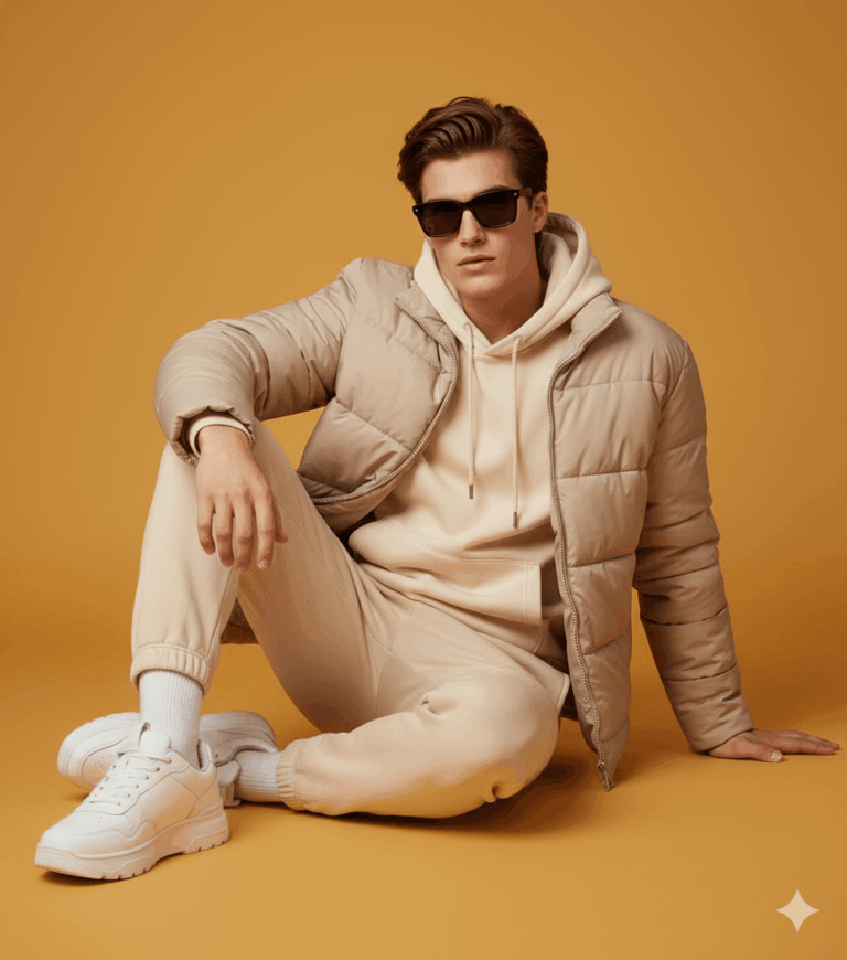 Gemini AI Generated Image: A young man sitting on a mustard-yellow background modeling a monochromatic beige outfit. He wears a beige puffer jacket over a matching hoodie and sweatpants, accessorized with dark sunglasses and crisp white sneakers.