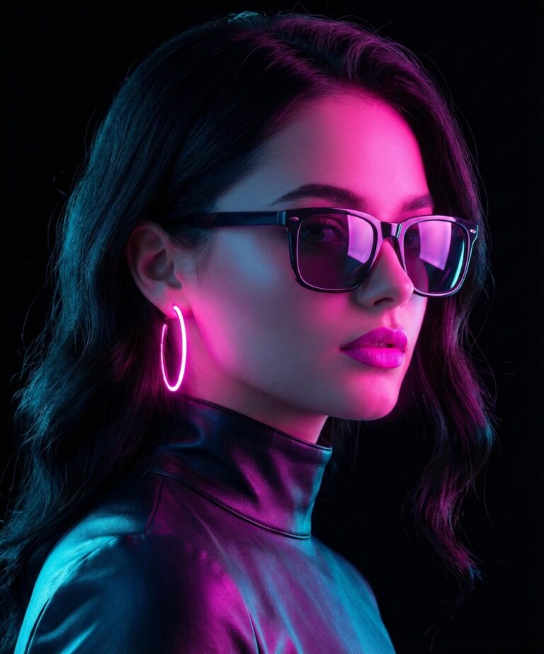 Gemini Generated Image: A woman wearing sunglasses and a black leather top is shown in a close-up portrait. She has long, dark, wavy hair. The image is lit with neon lighting, primarily pink/magenta and cyan/blue, creating a vibrant, edgy aesthetic against a dark background. She is wearing bright pink lipstick and a glowing neon pink hoop earring on one ear.