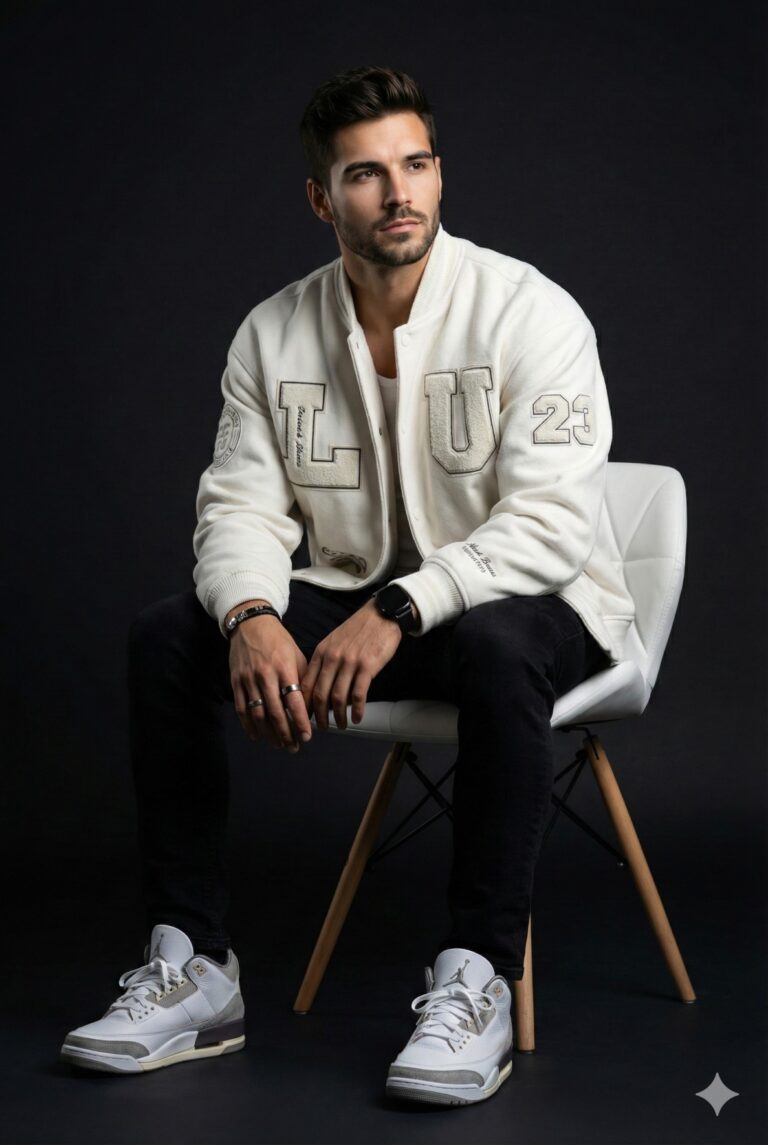 Gemini AI Generated Image: a high-quality studio portrait of a young man seated on a modern white chair with wooden legs, set against a stark, solid black background. He has a fit build, short dark hair, and light stubble, looking off to the right with a calm, confident expression. His attire is casual yet stylish, featuring a cream-colored varsity jacket with large, textured "L" and "U" patches on the chest and the number "23" embroidered on the left sleeve. He wears fitted black jeans and white high-top sneakers with grey accents that resemble retro basketball shoes. The lighting is dramatic, highlighting the textures of his clothing and accessories, which include a black smartwatch on his left wrist and a bracelet and rings on his right hand.