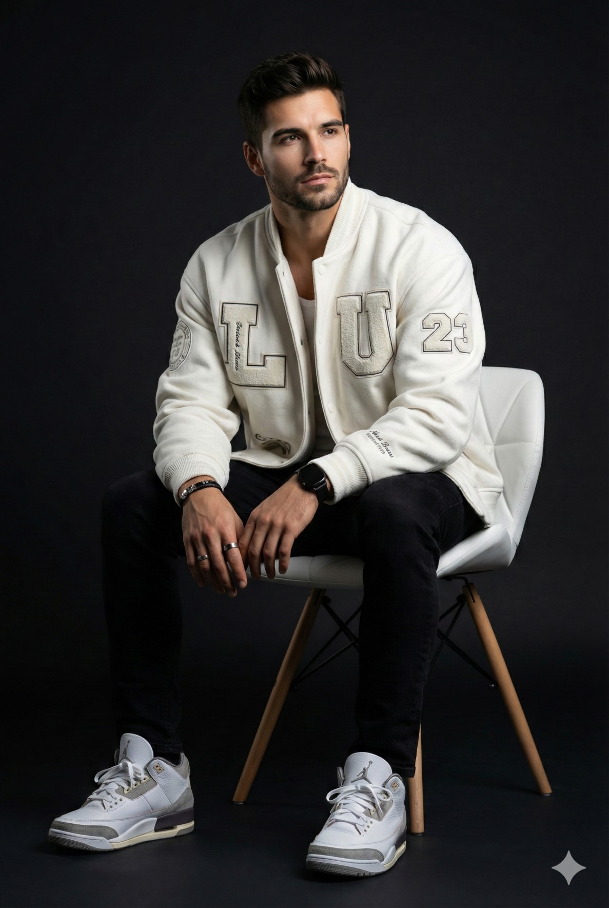 Gemini AI Generated Image: a high-quality studio portrait of a young man seated on a modern white chair with wooden legs, set against a stark, solid black background. He has a fit build, short dark hair, and light stubble, looking off to the right with a calm, confident expression. His attire is casual yet stylish, featuring a cream-colored varsity jacket with large, textured "L" and "U" patches on the chest and the number "23" embroidered on the left sleeve. He wears fitted black jeans and white high-top sneakers with grey accents that resemble retro basketball shoes. The lighting is dramatic, highlighting the textures of his clothing and accessories, which include a black smartwatch on his left wrist and a bracelet and rings on his right hand.