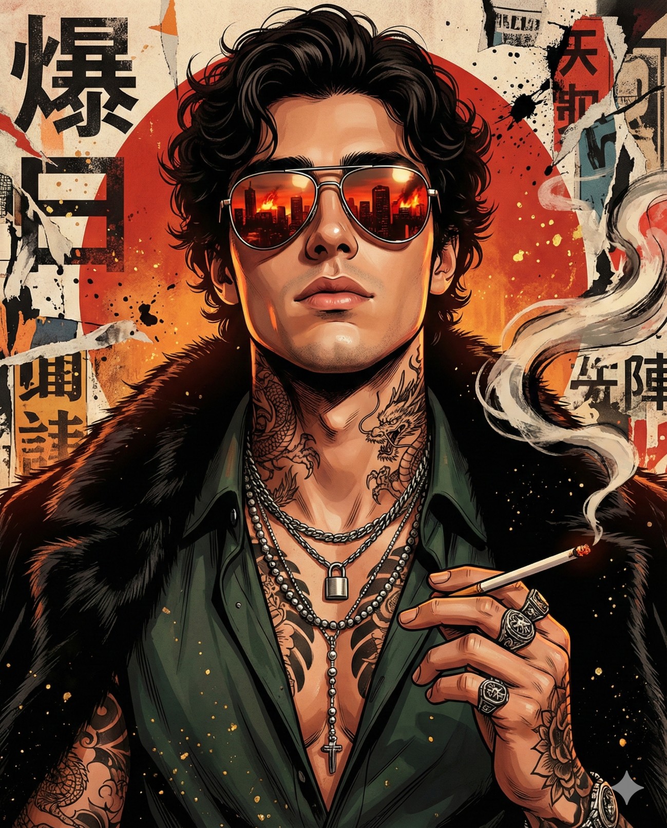 Gemini AI Generated Edgy anime-style art of a tattooed man with sunglasses.