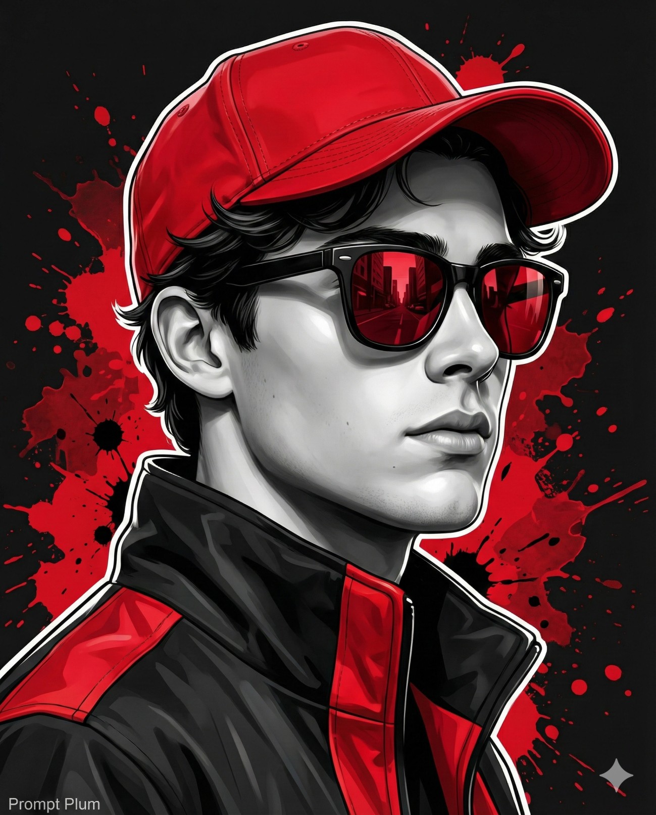 Gemini AI Generated Stylized illustration of a man in a red cap and sunglasses with a red splatter background.