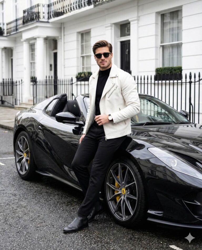 Gemini AI Generated Image: A stylish young man leans casually against the side of a sleek black convertible sports car on a wet street. He is wearing a white leather biker jacket over a black turtleneck, black trousers, sunglasses, and black Chelsea boots. The background features classic white, multi-story townhouses with black railings, typical of an upscale London neighborhood.