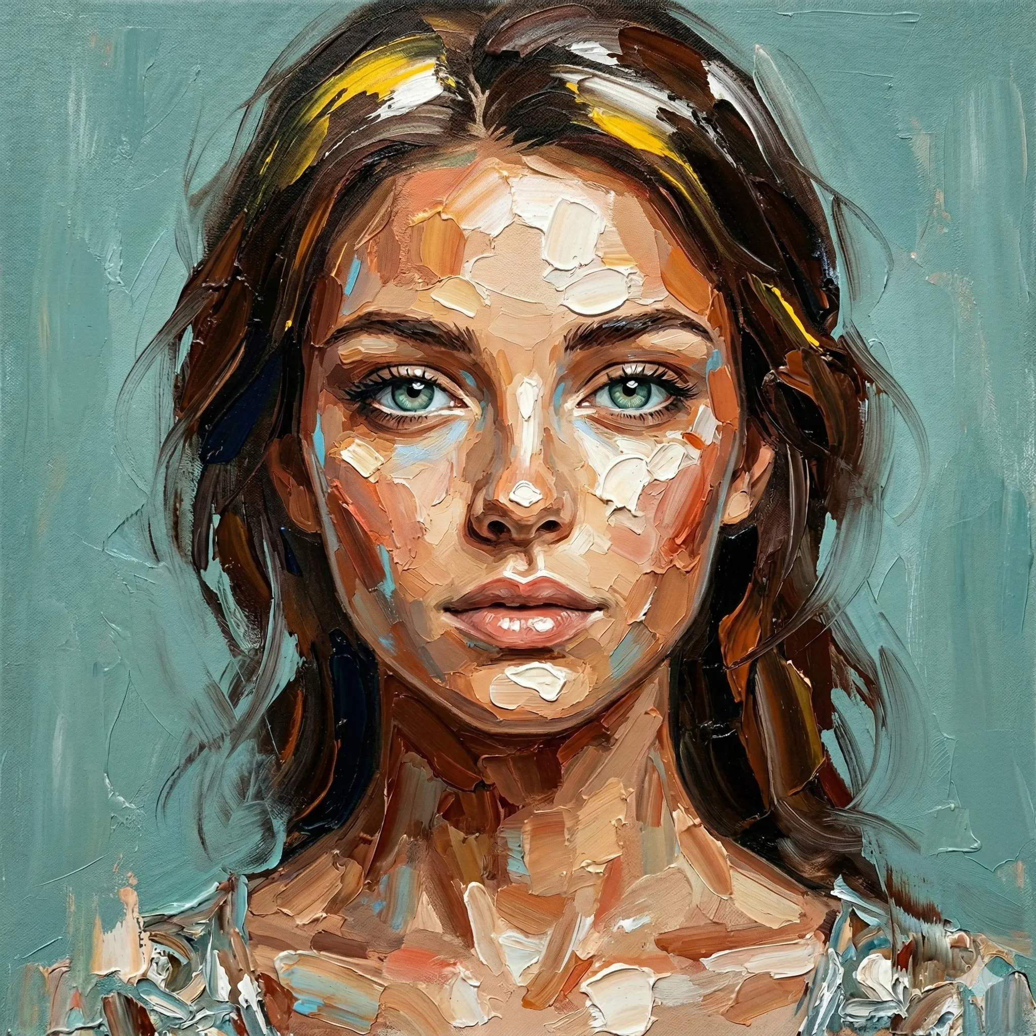 Impasto Woman Portrait AI Photo Editing Prompt. AI generated oil painting portrait of a woman with green eyes and brown hair, featuring thick palette knife textures on a teal background.