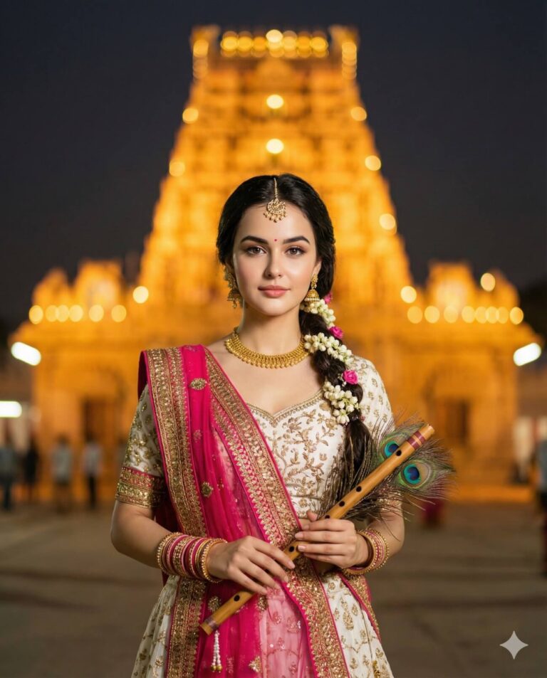 Gemini AI Generated Image: A medium shot of a young woman in traditional Indian attire, featuring a white and gold embroidered blouse and a bright pink drape. She holds a wooden flute adorned with peacock feathers. Her hair is styled in a side braid decorated with jasmine flowers, and she wears gold jewelry including a maang tikka and jhumkas. The background features a blurred, illuminated golden temple tower at night.
