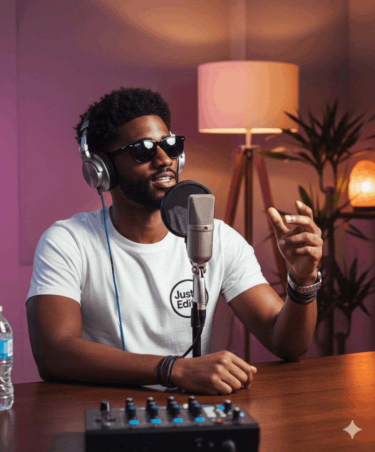 Gemini Generated Image: A cool-looking man with sunglasses and headphones is recording a podcast into a microphone, sitting at a wooden table in a dimly lit, stylish room.