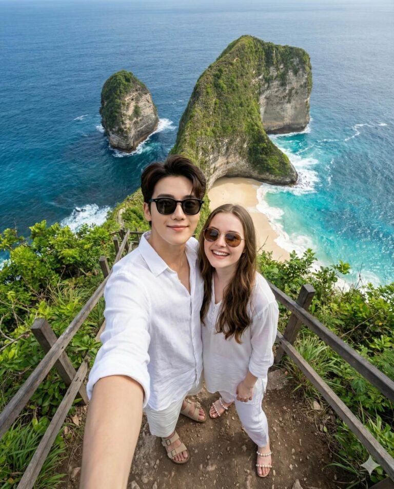 Gemini AI Generated Image: A high-angle selfie of a smiling couple wearing matching white linen outfits and sunglasses, standing on a cliffside path with wooden railings. Behind them is the iconic Kelingking Beach in Nusa Penida, featuring a massive, green, T-Rex-shaped rock formation jutting out into vibrant turquoise ocean waters.