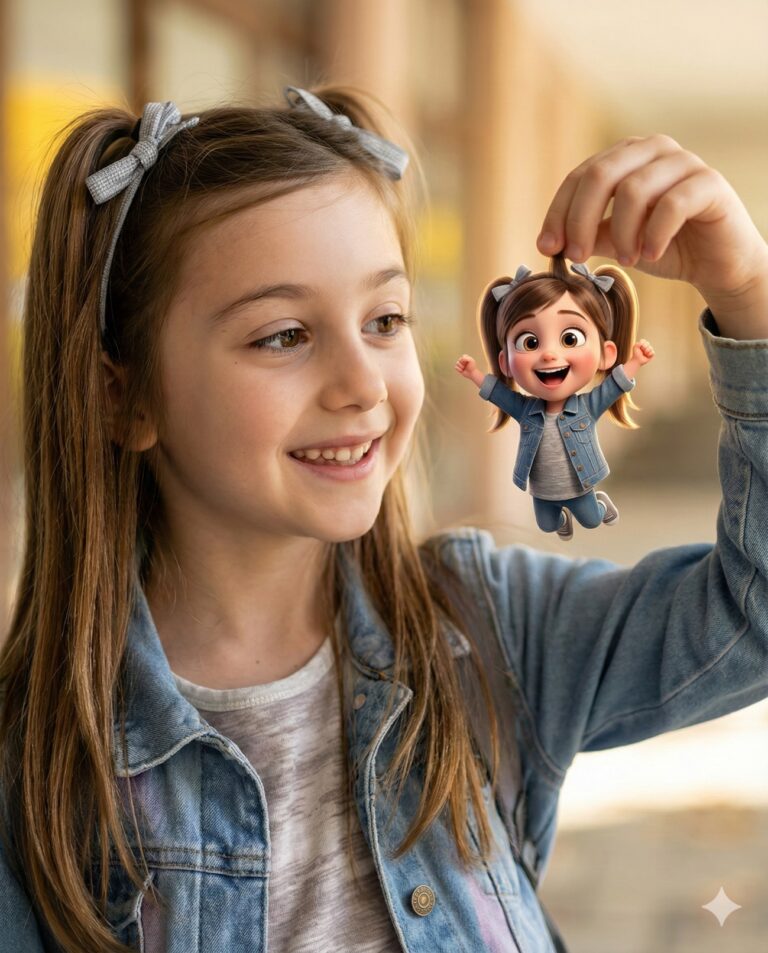 Gemini AI Generated Image of a smiling girl holds a tiny, 3D animated cartoon version of herself.