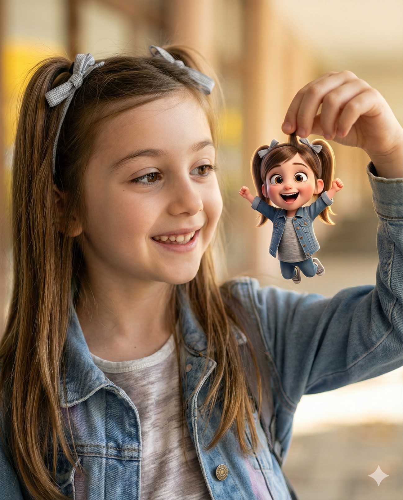 Gemini AI Generated Image of a smiling girl holds a tiny, 3D animated cartoon version of herself.