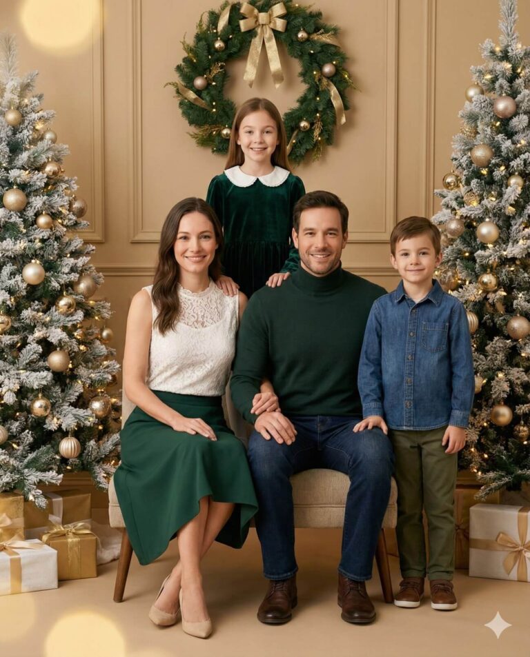 Gemini AI Generated, studio-style family Christmas portrait featuring a mother, father, daughter, and son smiling at the camera. The parents are seated on a bench while the daughter stands behind them and the son stands to the right. They are dressed in color-coordinated outfits involving dark green, white, and denim. The background features a beige wall adorned with a wreath, flanked by two snowy Christmas trees decorated with gold ornaments, with wrapped gifts on the floor.