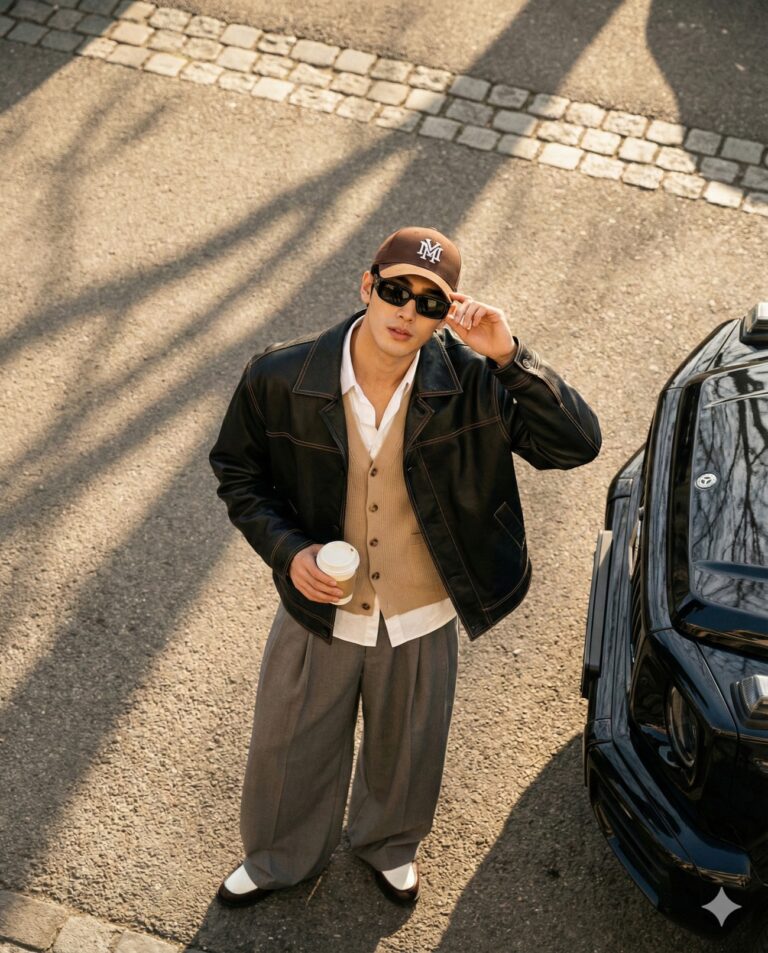 Gemini AI Generated High-angle shot of a stylish man in a leather jacket and cap holding coffee beside a black car.