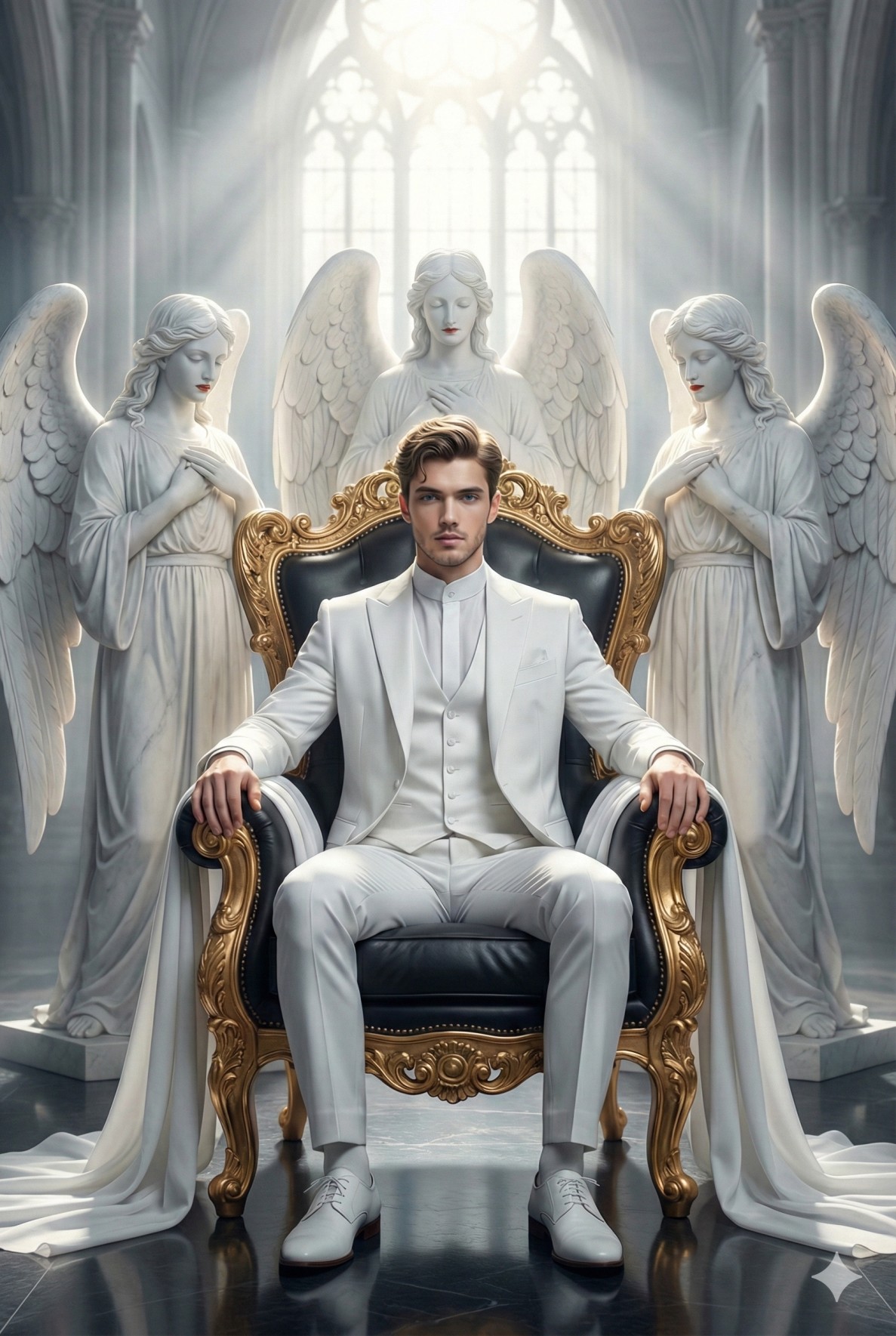 Gemini AI Generated Image: A striking and regal scene centering on a young man seated confidently on an ornate throne. He is dressed in a pristine, all-white three-piece suit with matching white shoes, contrasting sharply against the black leather and elaborate gold carving of the chair. Behind him stands a trio of majestic, life-sized marble angel statues with large, detailed wings; one stands directly behind the throne while two others flank him on either side, all bearing serene expressions. The setting appears to be a grand cathedral or sanctuary, characterized by high architectural arches and ethereal shafts of sunlight streaming down from above, bathing the scene in a divine, soft glow that emphasizes themes of purity and power.