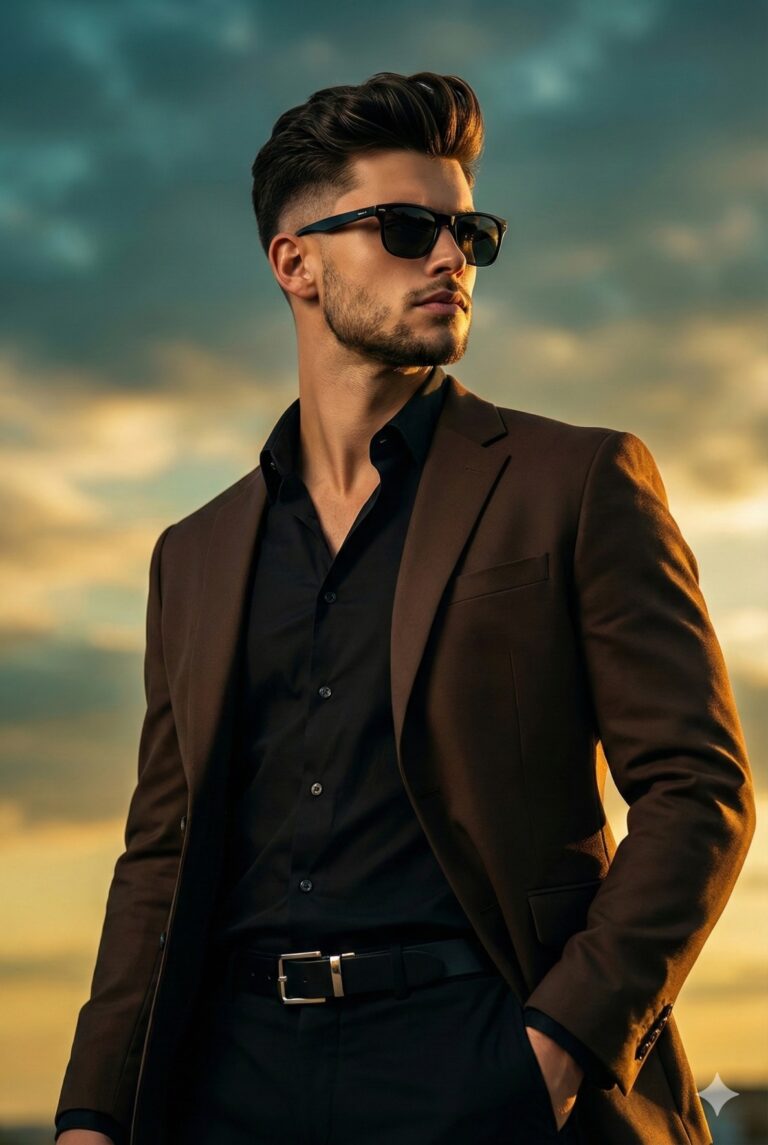 Gemini AI Generated Image: a stylish, cinematic portrait of a well-groomed man standing against a backdrop of a dramatic, cloudy sky at sunset. He is dressed in a sharp brown blazer over a black button-down shirt, accessorized with dark sunglasses and a black belt with a silver buckle. The warm "golden hour" lighting highlights the texture of his hair and profile as he gazes confidently off to the side, with one hand casually tucked into his pocket.