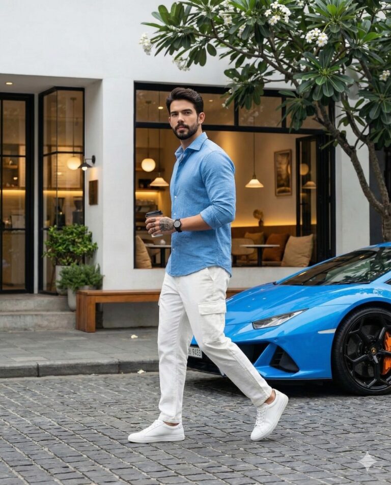 Gemini AI Generated Image: a stylish, bearded man walking confidently across a cobblestone street, looking directly at the camera. He is dressed in a smart-casual outfit consisting of a light blue button-down shirt with rolled sleeves, white cargo trousers, and white sneakers. He wears a black wristwatch and holds a takeaway coffee cup in his left hand, which also bears a visible tattoo. The setting appears to be an upscale urban area; immediately behind him is a sleek, bright blue sports car, and further back is a modern white building—likely a cafe or boutique—with large glass windows revealing warm interior lighting. Overhanging branches with white plumeria flowers in the top right corner frame the scene, adding a natural touch to the polished, cinematic composition.