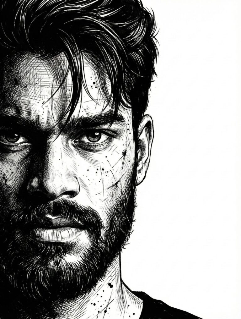 Gemini AI Generated: A black and white ink drawing close-up portrait of a man with a gritty, intense expression. Rendered with detailed cross-hatching and splatters, the artwork shows a bearded man with dark, messy hair and intense eyes looking directly at the viewer. Sweat or dirt speckles cover his face and neck, contributing to the raw, worn feel. The portrait is tightly cropped against a stark white background, emphasizing the dramatic contrast and texture of the ink work.