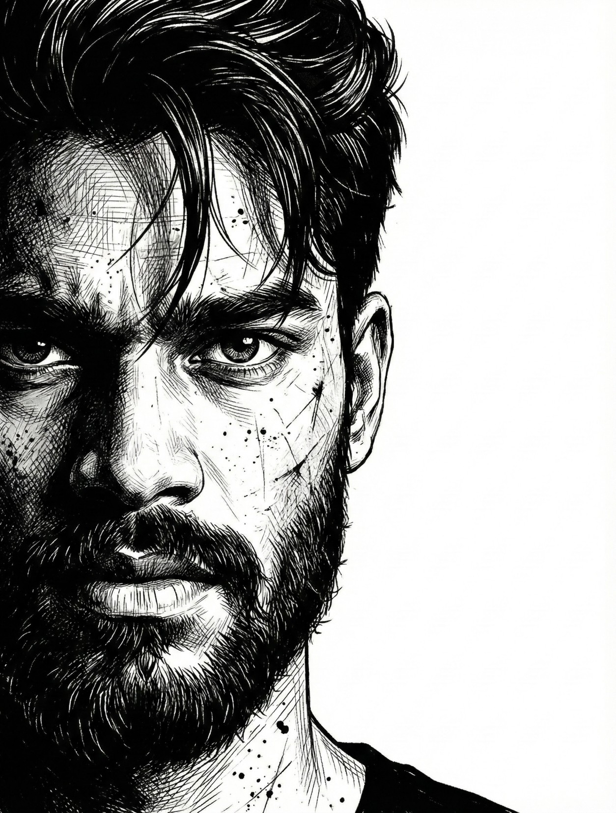 Gemini AI Generated: A black and white ink drawing close-up portrait of a man with a gritty, intense expression. Rendered with detailed cross-hatching and splatters, the artwork shows a bearded man with dark, messy hair and intense eyes looking directly at the viewer. Sweat or dirt speckles cover his face and neck, contributing to the raw, worn feel. The portrait is tightly cropped against a stark white background, emphasizing the dramatic contrast and texture of the ink work.