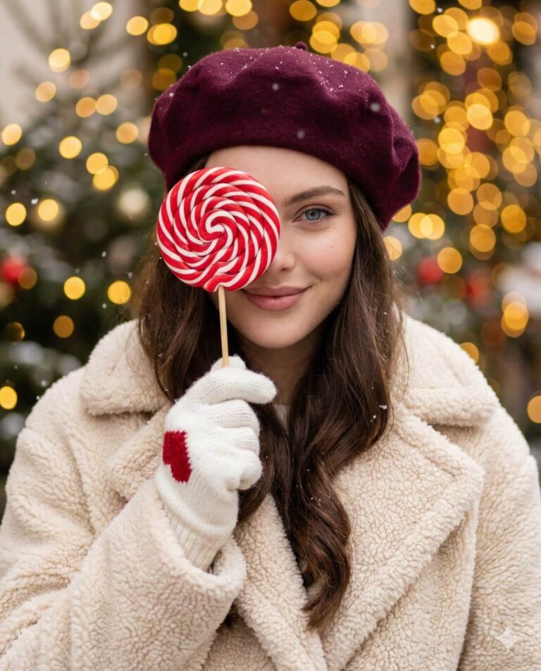 Gemini AI Generated Image: A medium close-up shot of a young woman in winter clothing, including a maroon beret, a cream-colored shearling coat, and white knitted gloves with a red heart on the back. She holds a large red and white swirled lollipop over her right eye, smiling at the camera with her visible left eye. Her long wavy brown hair cascades around her shoulders. The background is blurred but shows snow falling in front of an illuminated Christmas tree with warm bokeh lights.