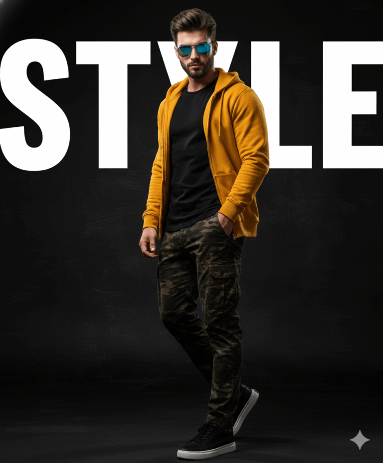 Gemini Generated Image: A stylish man is wearing a mustard yellow hoodie over a black t-shirt, camo cargo pants, and black sneakers. He is also wearing reflective sunglasses. The background is dark with the large white word "STYLE" partially visible behind him.