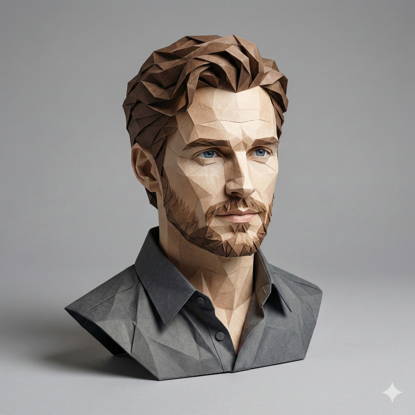 Gemini AI Generated realistic origami-style paper sculpture of a bearded man with blue eyes.