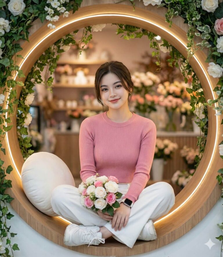 Gemini Generated Image: A smiling young woman in a pink sweater and white pants is sitting cross-legged inside a round, lighted wooden frame decorated with flowers and vines. She is holding a bouquet of pink and white roses. The background suggests she is in a flower shop.