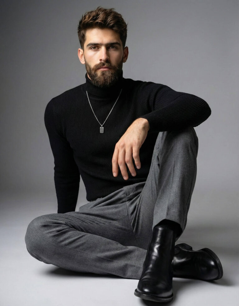 Gemini Generated Image: A handsome man with a beard is sitting, wearing a black turtleneck sweater, grey trousers, and black boots. He is also wearing a silver pendant necklace.