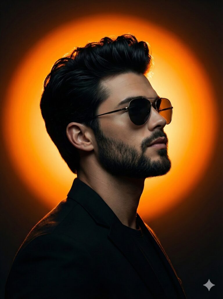 Gemini AI Generated Image: A side-profile close-up of a man with dark, volumized hair and a full beard. He is facing right, wearing aviator sunglasses and a black jacket. A large, glowing orange circle directly behind his head creates a dramatic backlight effect against a dark background, highlighting his silhouette.