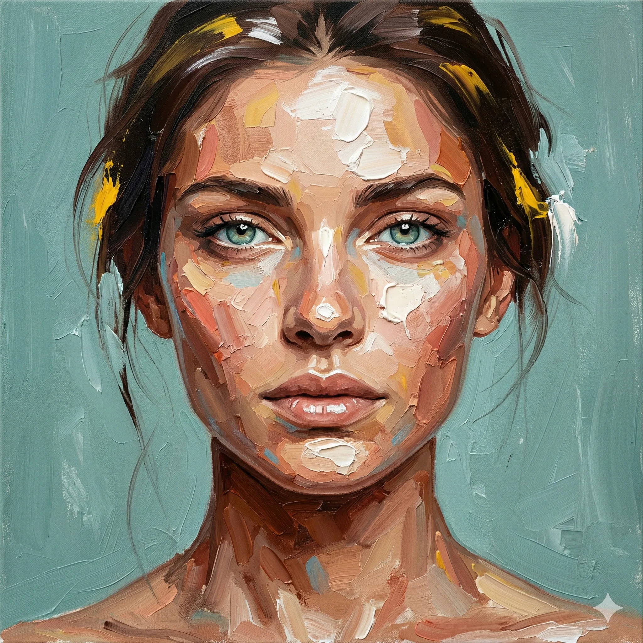 Impasto Woman Portrait AI Photo Editing Prompt. AI generated palette knife oil painting portrait of a woman with green eyes featuring thick textured strokes and a teal background.