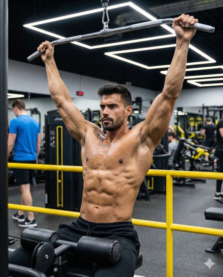 Gemini AI Generated Image: A muscular, shirtless man with a beard performs a lat pulldown exercise in a modern gym. He holds a silver bar overhead with extended arms, displaying defined abdominal muscles and a text tattoo on his upper chest, while seated on a machine surrounded by yellow railings and mirrors reflecting the gym interior.