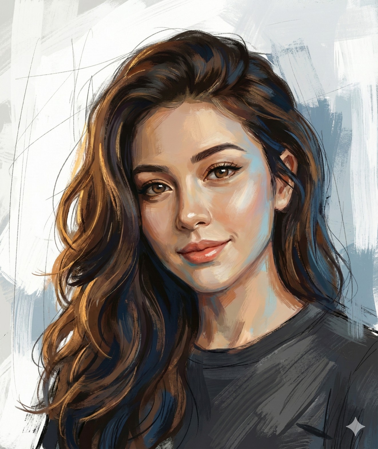 Gemini AI Generated Image: a striking digital portrait of a young woman rendered in an expressive, painterly style. She has voluminous, wavy dark brown hair that is dramatically lit by a warm, golden light source from the left, creating glowing amber highlights that contrast with the cooler, blue-tinged shadows on the right side of her face and neck. Her expression is gentle and engaging, featuring warm brown eyes and a subtle, closed-lip smile. She is wearing a simple dark charcoal or black top, which helps keep the focus on her face. The background is abstract and textured, composed of loose, sketchy brushstrokes in shades of white, light gray, and muted blue, giving the piece an artistic, energetic quality that frames the more detailed rendering of the subject.
