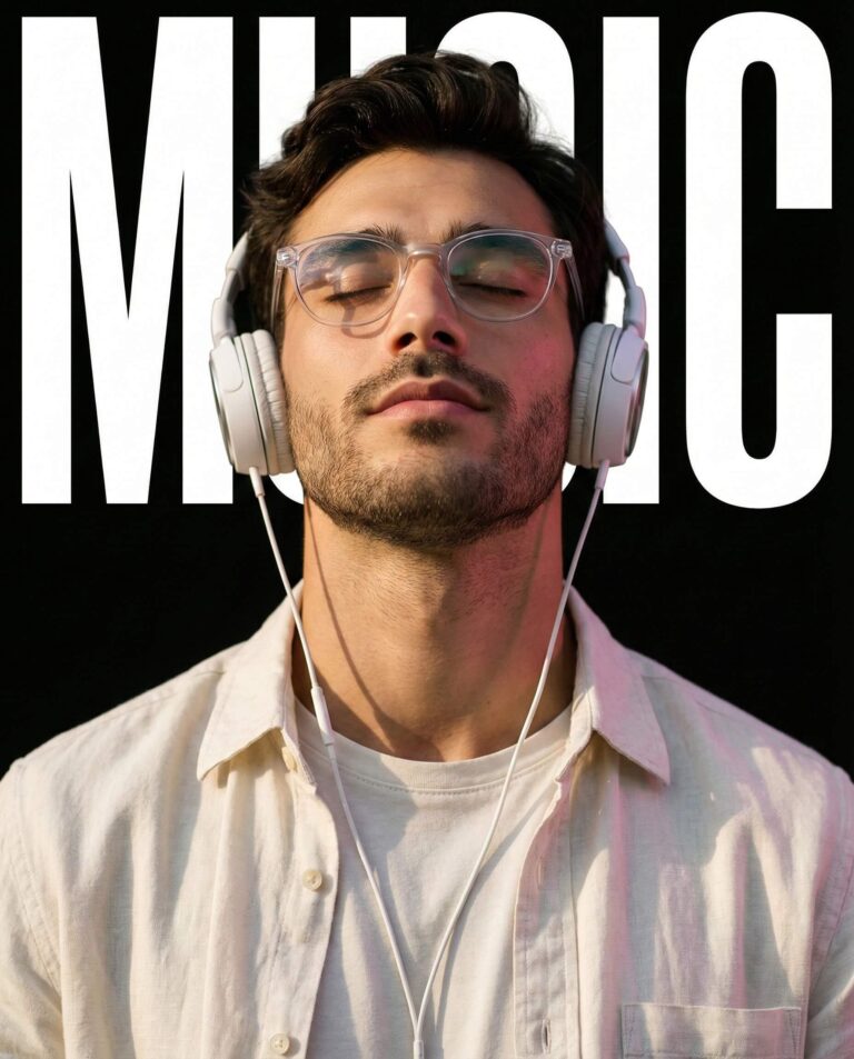 Gemini AI Generated Image: A close-up of a relaxed young man wearing clear glasses and white wired headphones with his eyes closed, appearing immersed in sound. He wears a light cream button-down shirt. Behind his head, the word 'MUSIC' is displayed in large, bold white text against a black background.