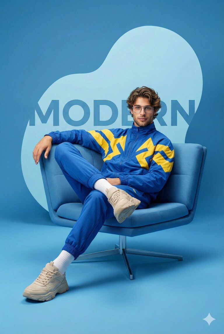 Gemini Generated Image: A man in a blue and yellow tracksuit is sitting in a blue modern armchair against a light and medium blue background. The word "MODERN" is partially visible behind him. He is wearing glasses and light-colored sneakers.