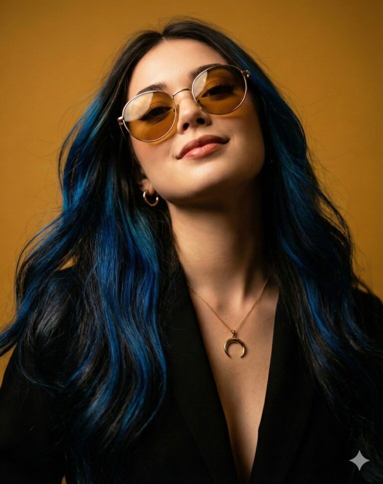Gemini AI Generated Image: A confident young woman posed against a warm mustard-yellow background. She has long, wavy dark hair accentuated with vibrant blue highlights. Her stylish look includes round, gold-rimmed sunglasses with yellow-tinted lenses, small gold hoop earrings, and a delicate gold necklace featuring an inverted crescent moon pendant. Dressed in a sleek black blazer with a plunging neckline, she tilts her head back slightly, projecting an air of cool, self-assured elegance.