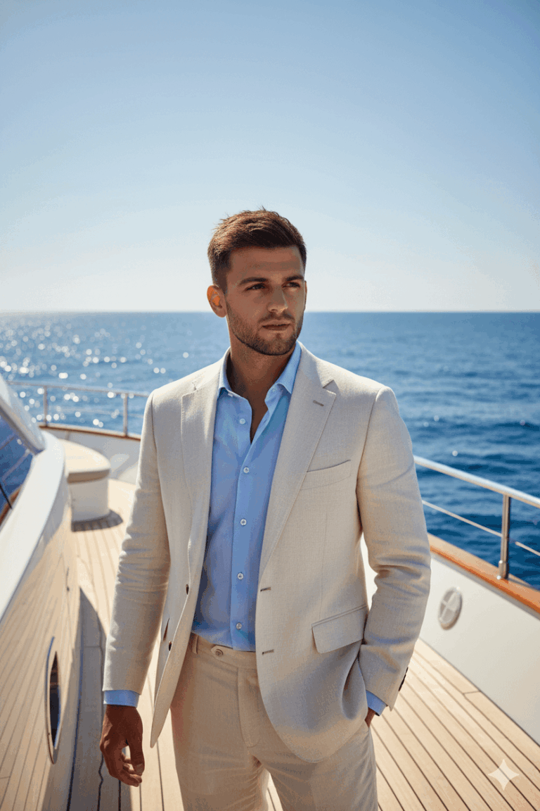 Gemini Generated Image: A handsome man in a light beige suit and light blue shirt is standing on the deck of a yacht on a sunny day, looking out at the blue ocean.