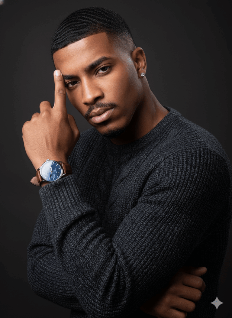 Gemini Generated portrait of a man wearing a dark, knit sweater and a wristwatch. He is looking directly at the camera with his index finger pointing to his forehead. The background is dark.