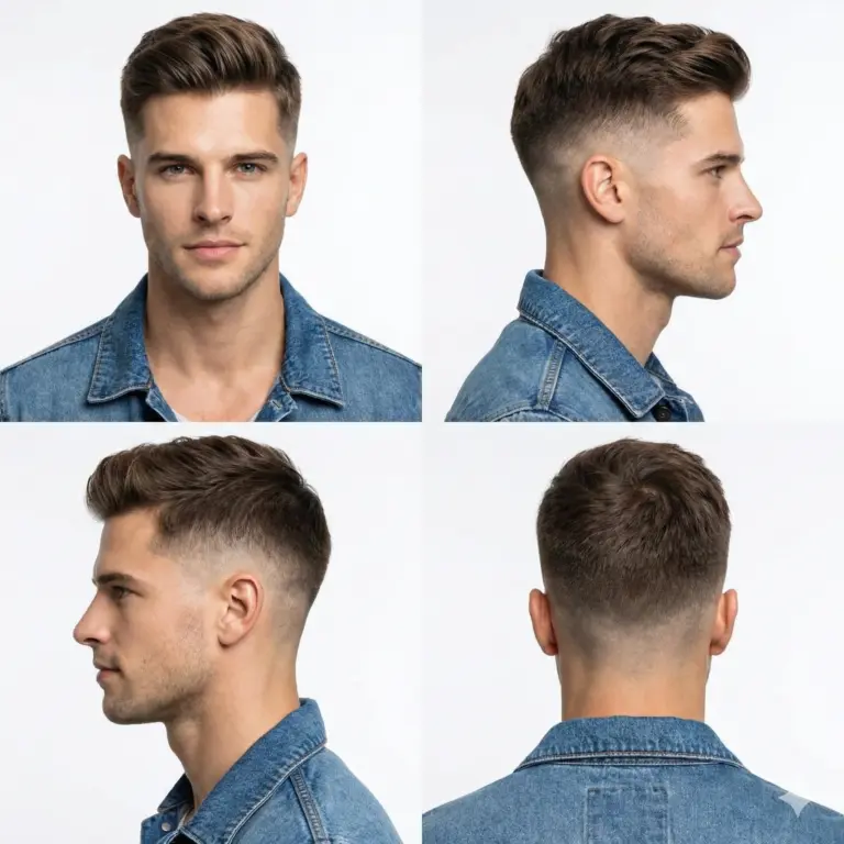 Collage showing a man's modern fade haircut from four angles: front, side profiles, and back. He wears a denim jacket against a plain white background.